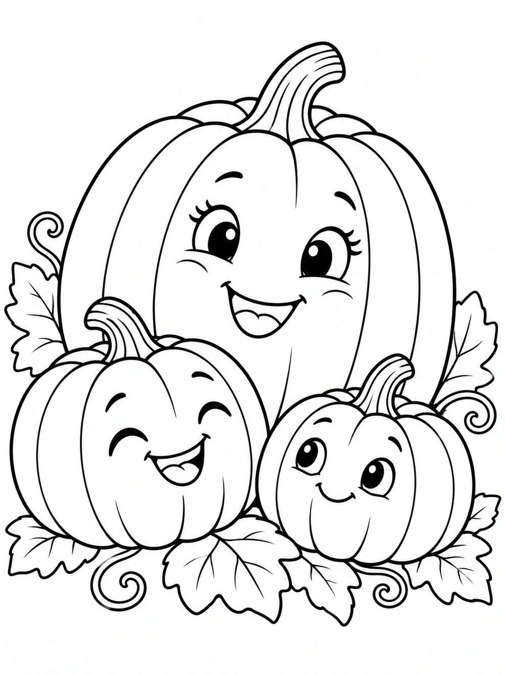 A large smiling pumpkin with two smaller smiling pumpkins and decorative leaves