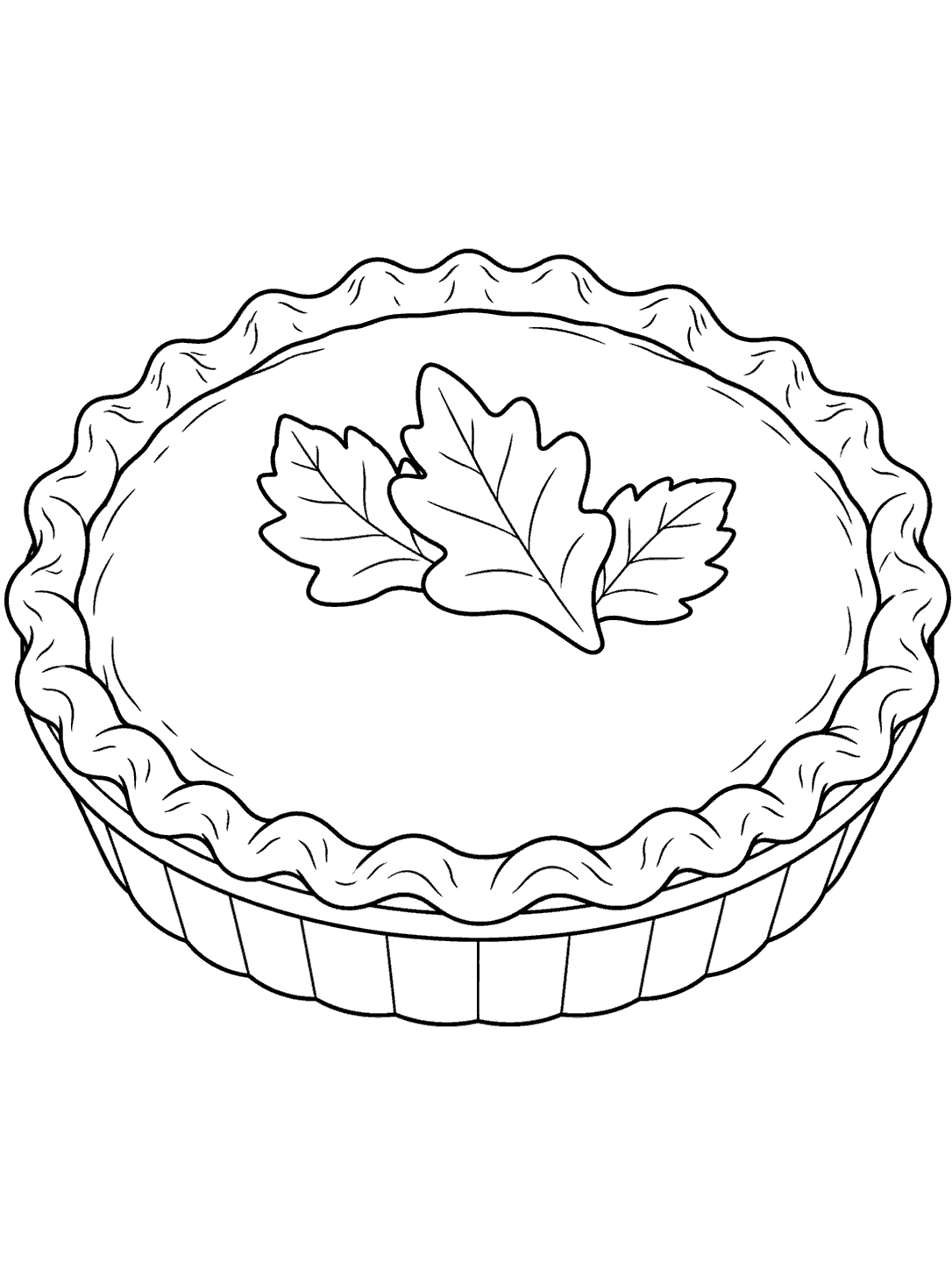 Black outline coloring page of a whole round pumpkin pie with a crimped crust, three pastry leaves, and a fluted pie dish.