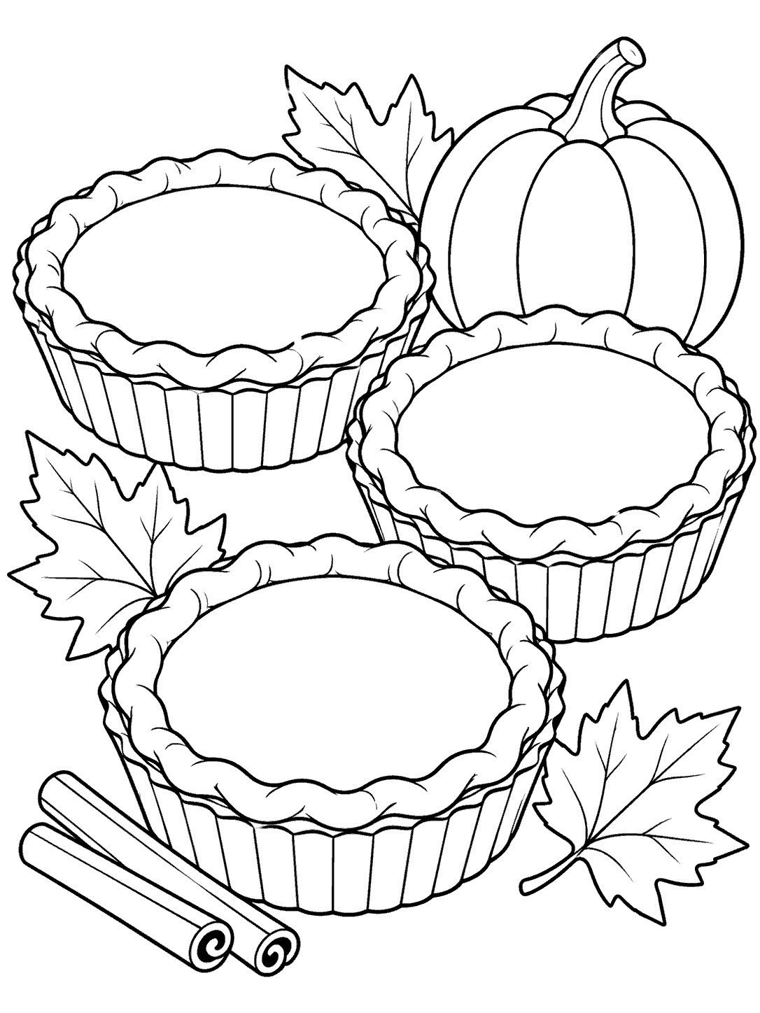 Three mini pumpkin pies with autumn leaves coloring page