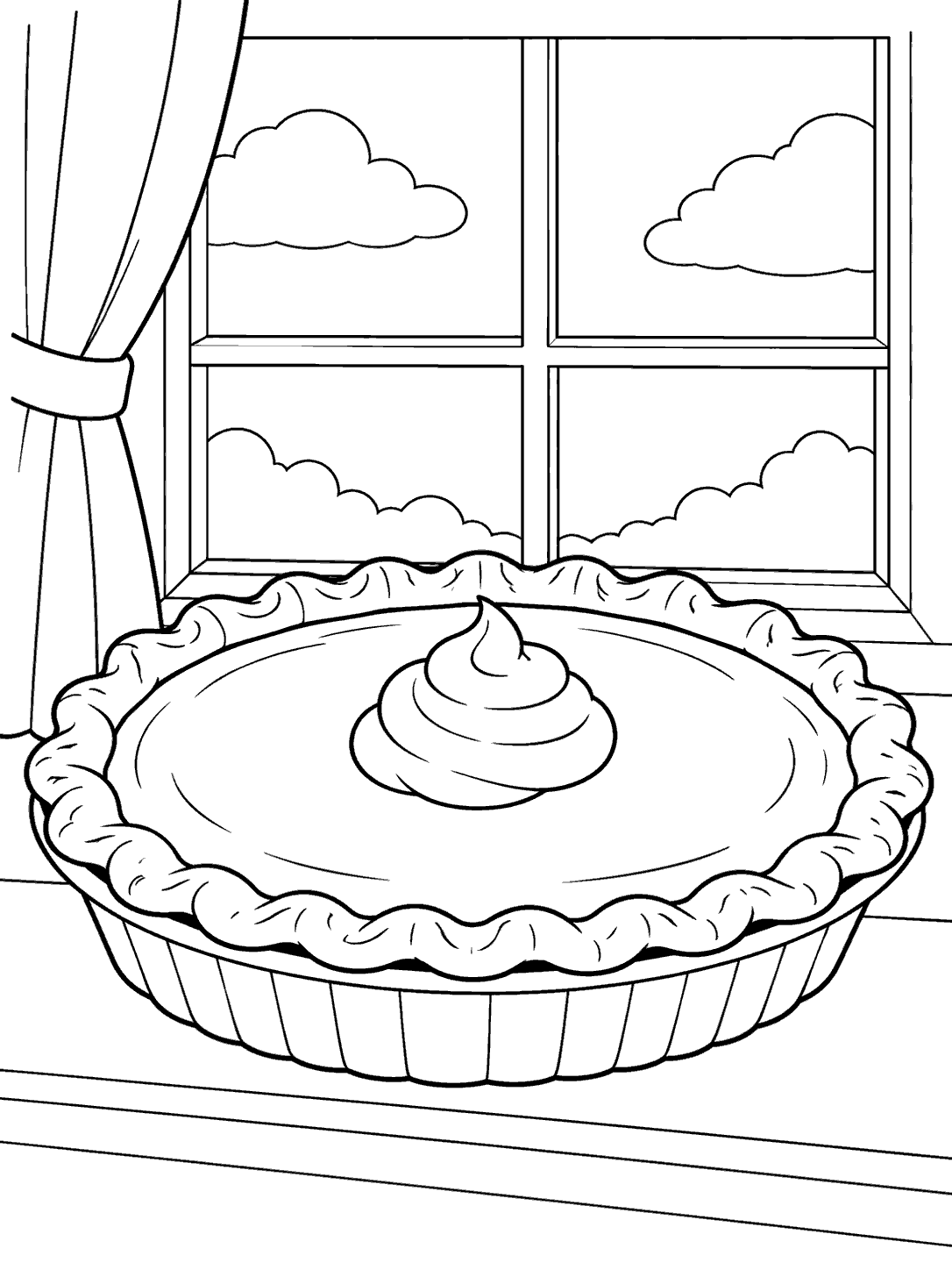 A whole pumpkin pie in a dish on a kitchen windowsill beneath a four-pane window, with clouds outside.