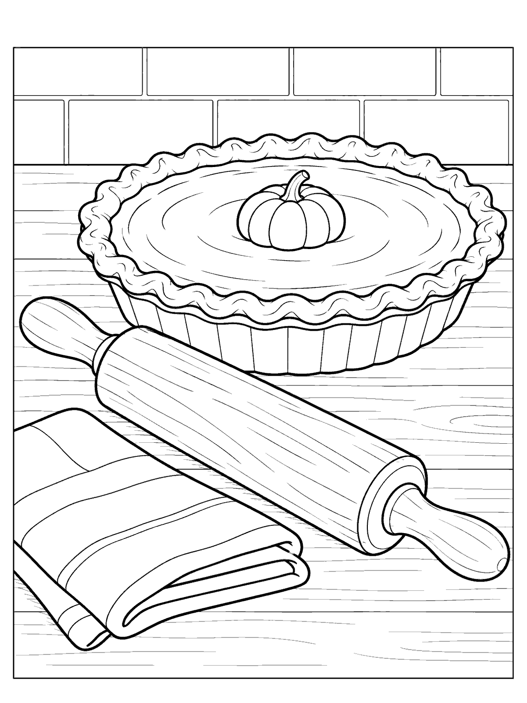 A whole pumpkin pie with a small pumpkin garnish sits behind a diagonal wooden rolling pin and folded tea towel on a kitchen counter.