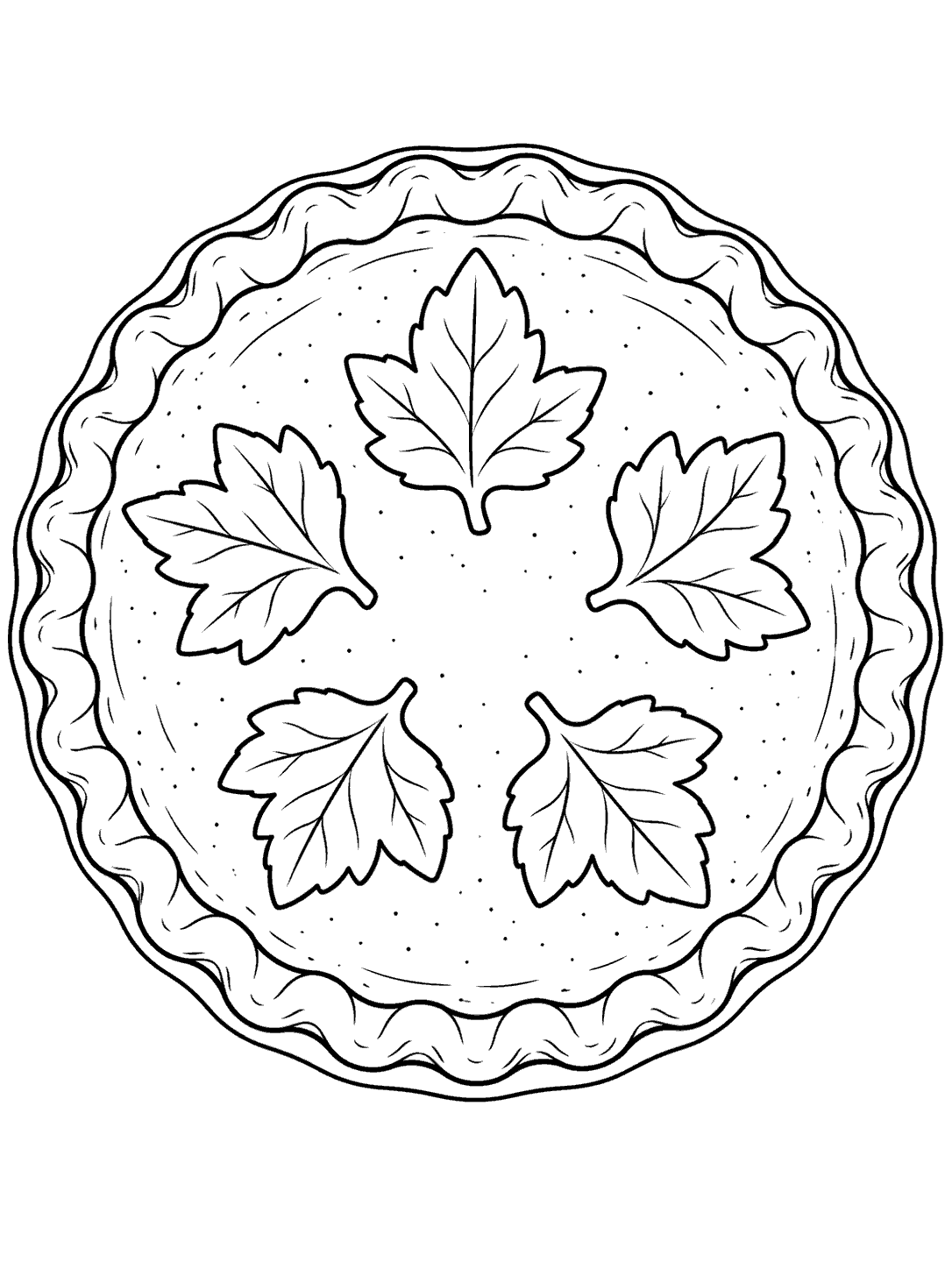 Top-down view of a whole pumpkin pie with five pastry leaves and a fluted crust.