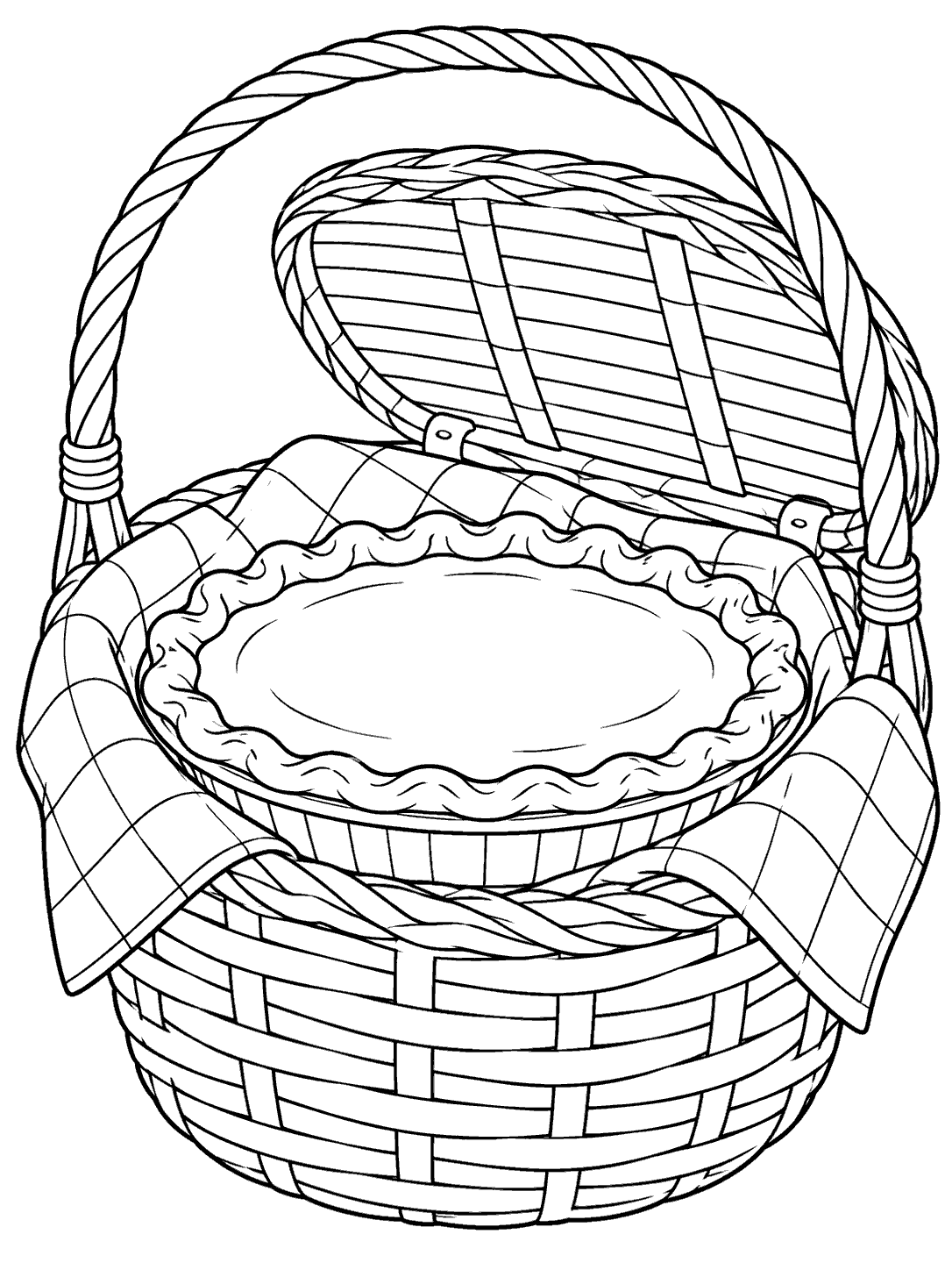 Whole pumpkin pie in a dish inside an open handled picnic basket, with a checked cloth