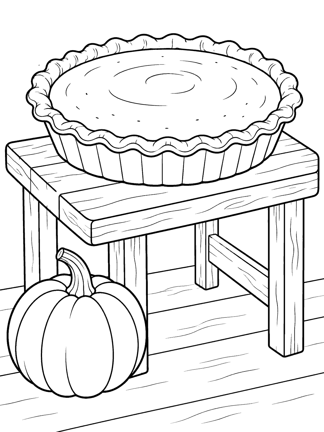 Black-and-white coloring page showing a whole pumpkin pie on a wooden stand with a separate pumpkin beside it.