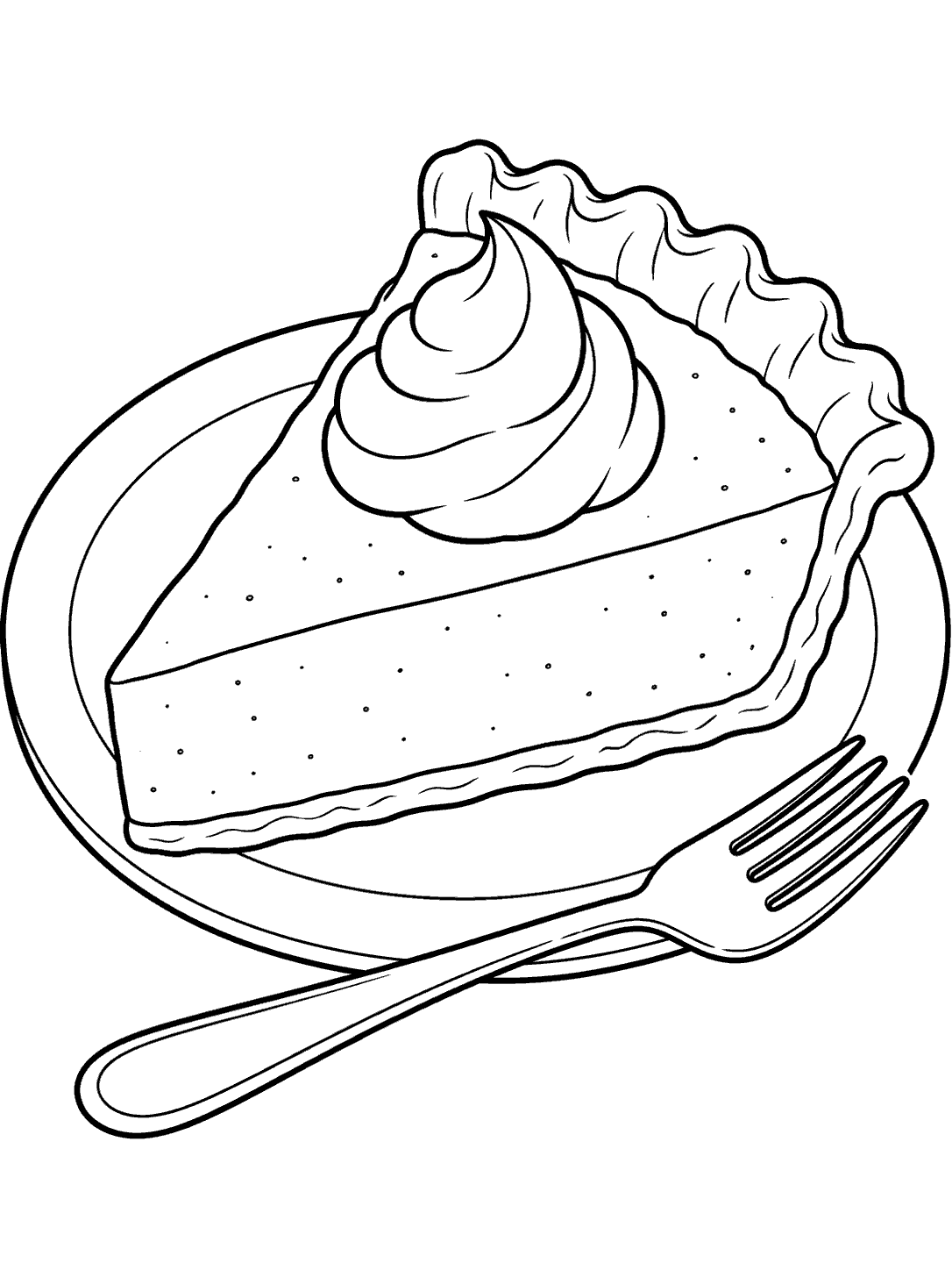 A triangular pumpkin pie slice with whipped topping on a plate beside a large fork.
