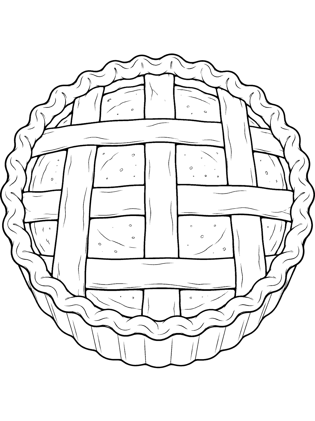 Whole pumpkin pie in a round dish with a broad open lattice crust