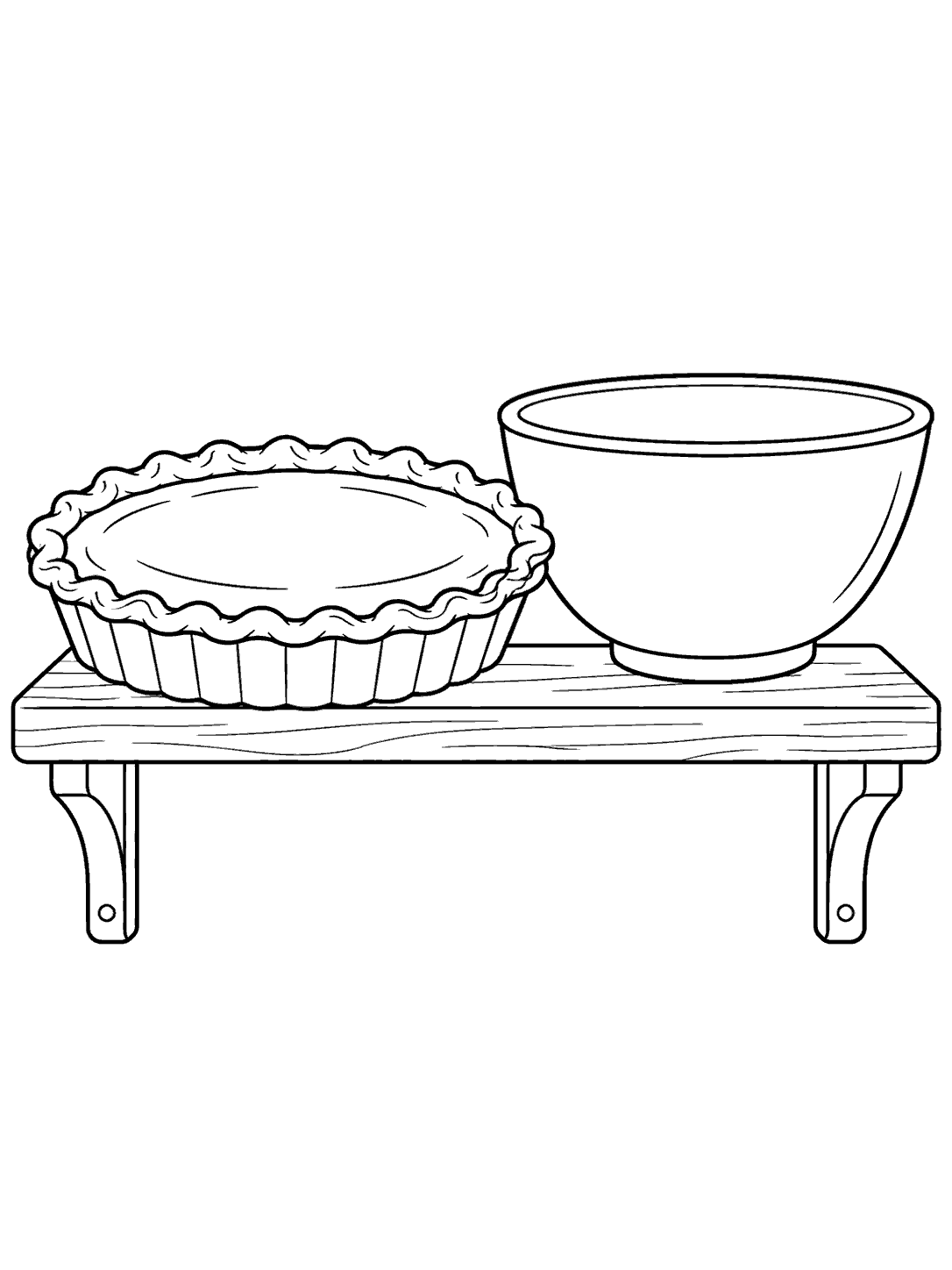 Outlined whole pumpkin pie in its dish beside an empty mixing bowl on a shelf with two brackets