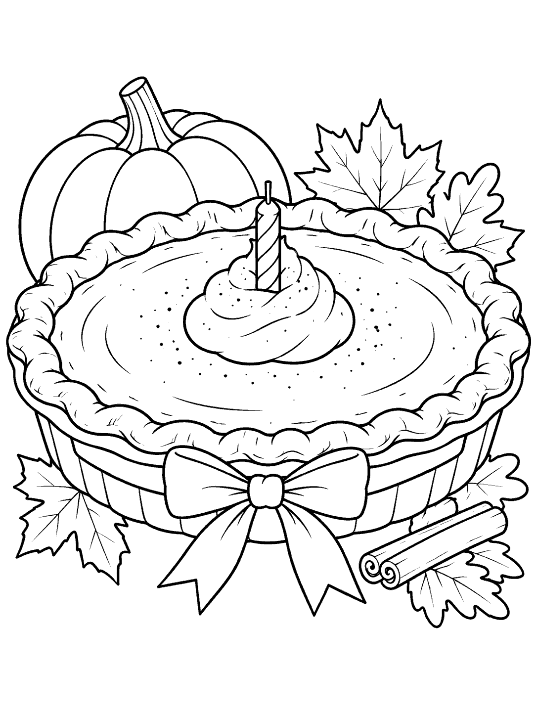 A pumpkin pie in a fluted dish with one upright candle, a bow on the dish, and autumn leaves and cinnamon sticks around it.