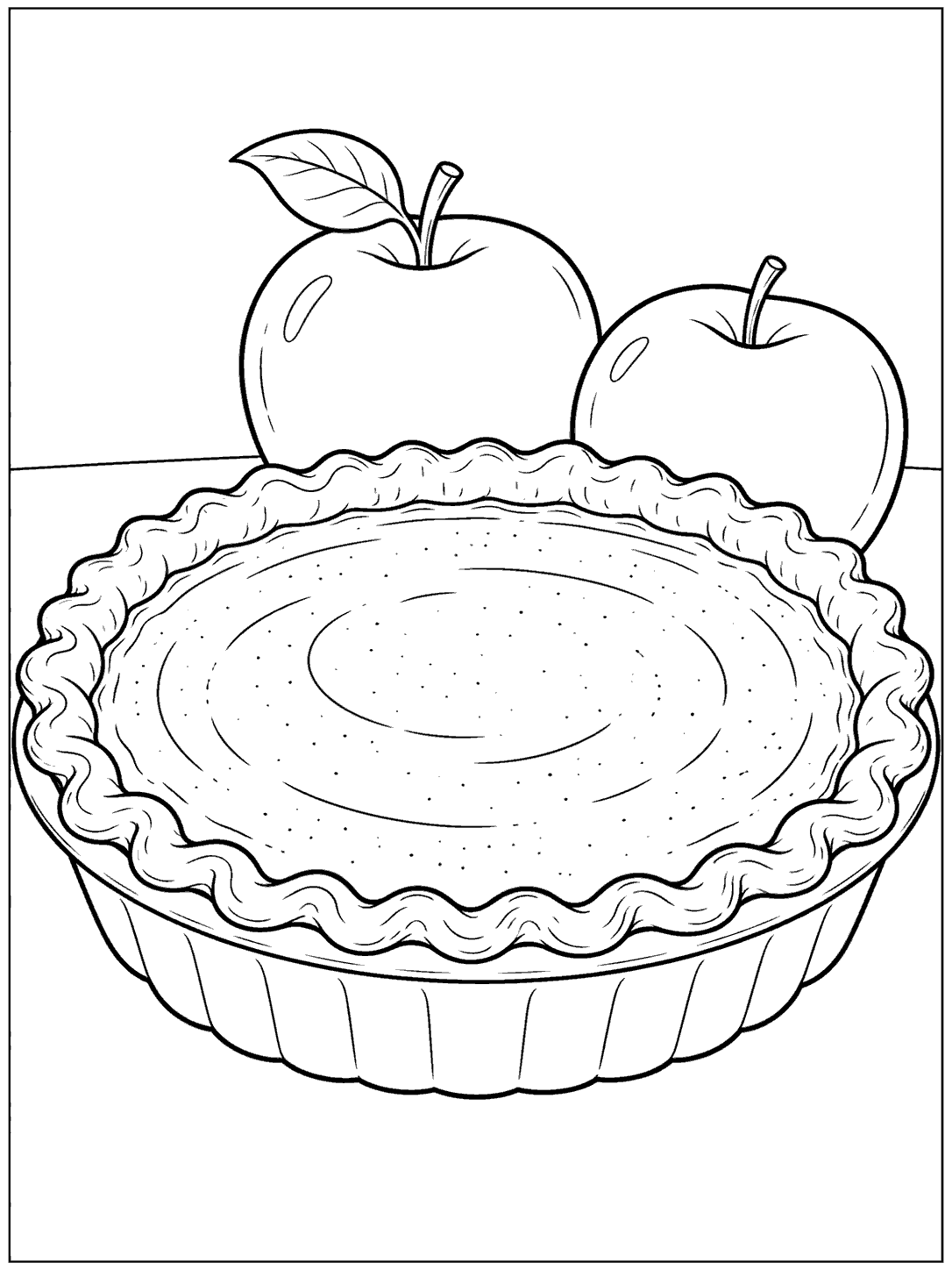 Pumpkin pie beside two apples coloring page