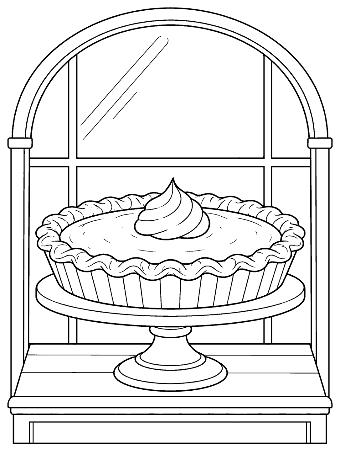 Whole pumpkin pie topped with a swirl of cream on a cake stand inside an arched bakery window.