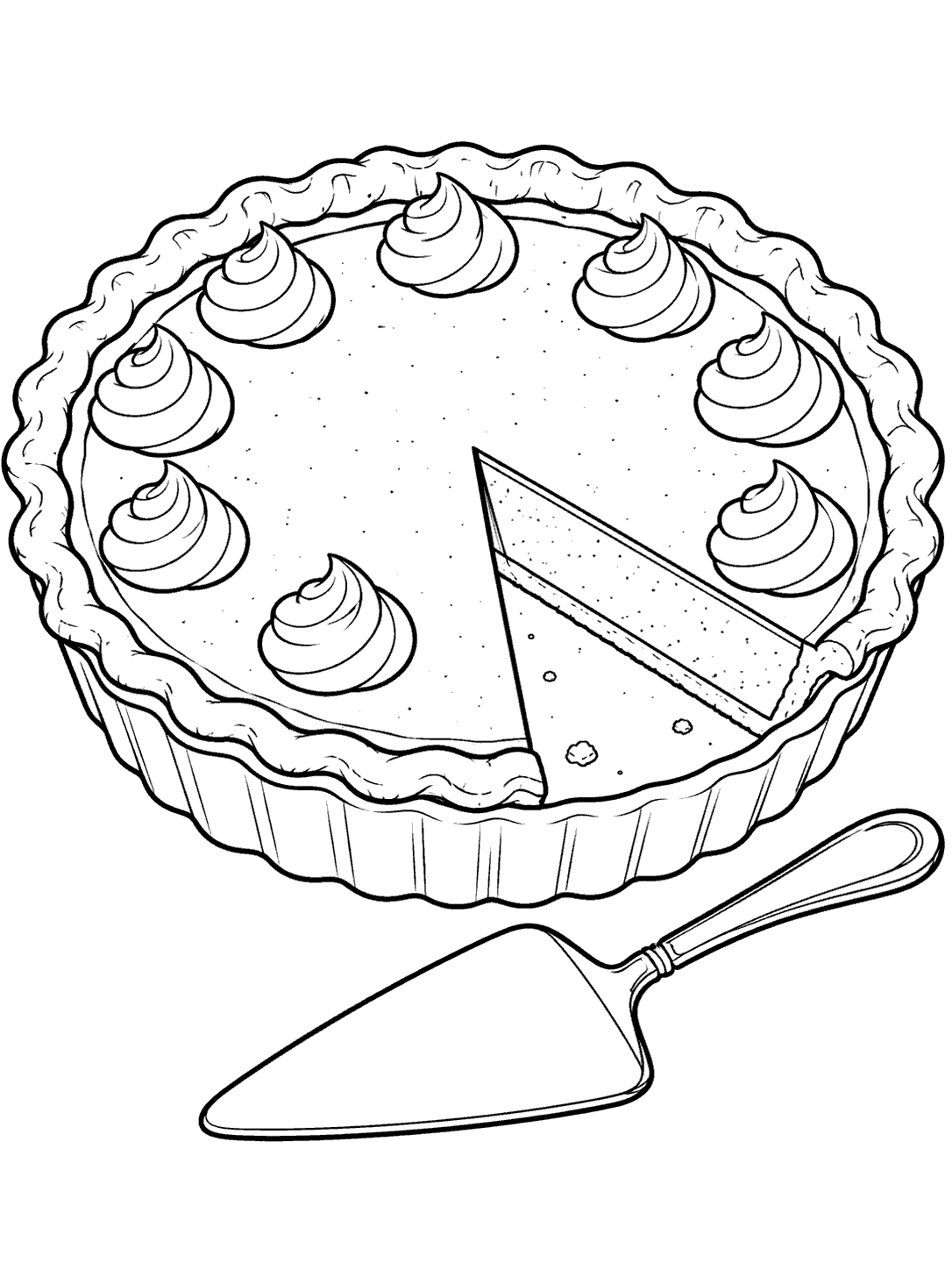 Fluted pumpkin pie with one slice-shaped gap and a broad pie server beside it