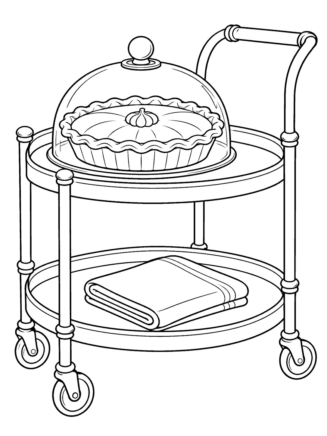 Black ink coloring page showing a covered pumpkin pie on the top tier of a two-tier serving cart, with a folded cloth below and clear handle and wheels.