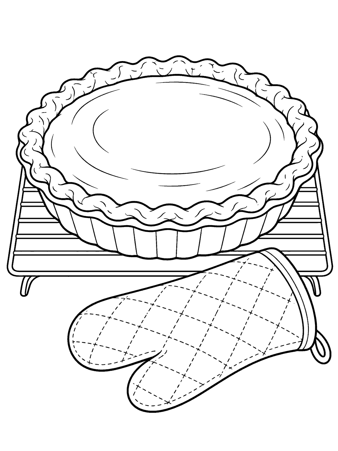 Black outline coloring page showing a whole pumpkin pie in its dish on a wire rack beside a quilted oven mitt.