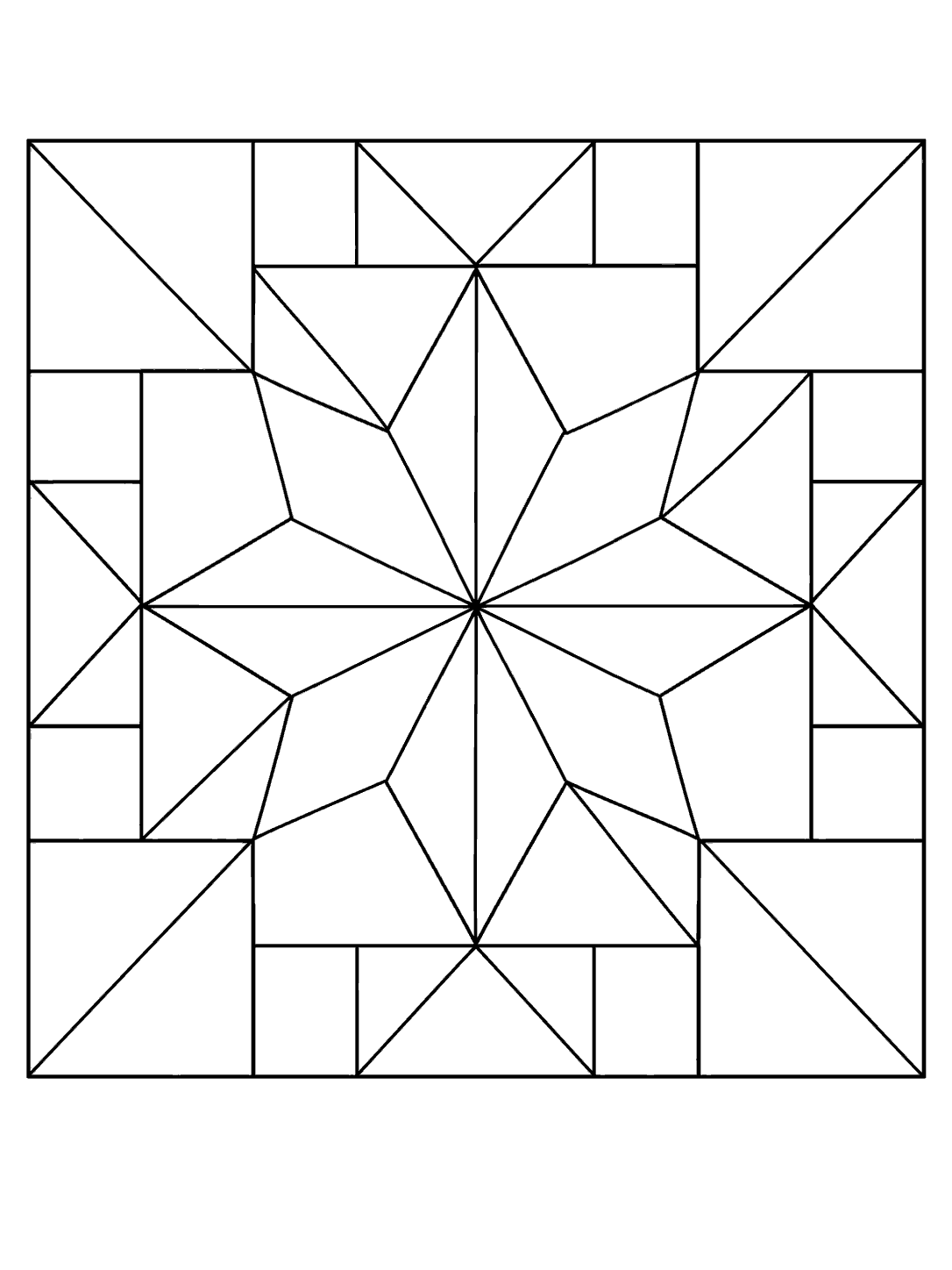 Black-outline eight-point star quilt block surrounded by broad geometric patchwork panels.