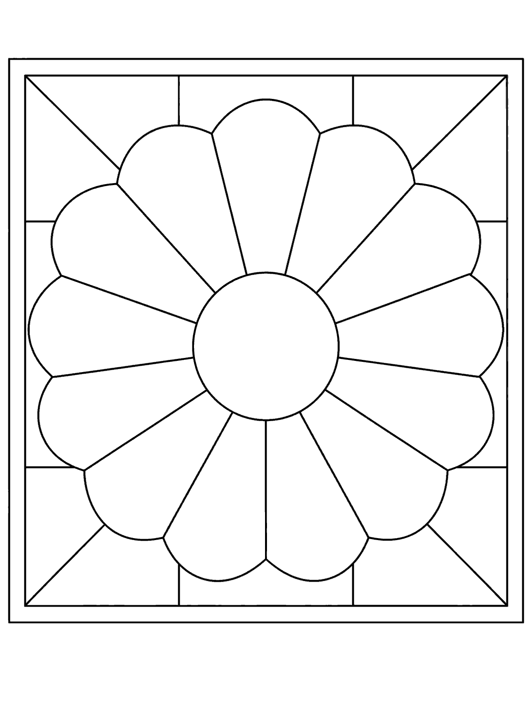 Printable Dresden plate quilt block with twelve broad rounded wedges and a plain circular center.