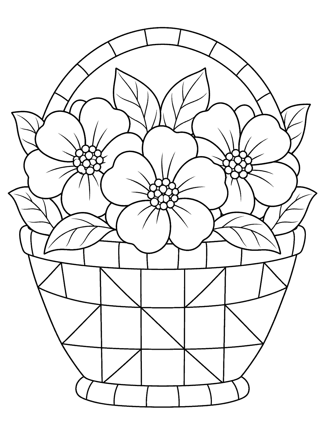 Black-outline coloring page of a geometric patchwork basket filled with three large flowers and leaves.
