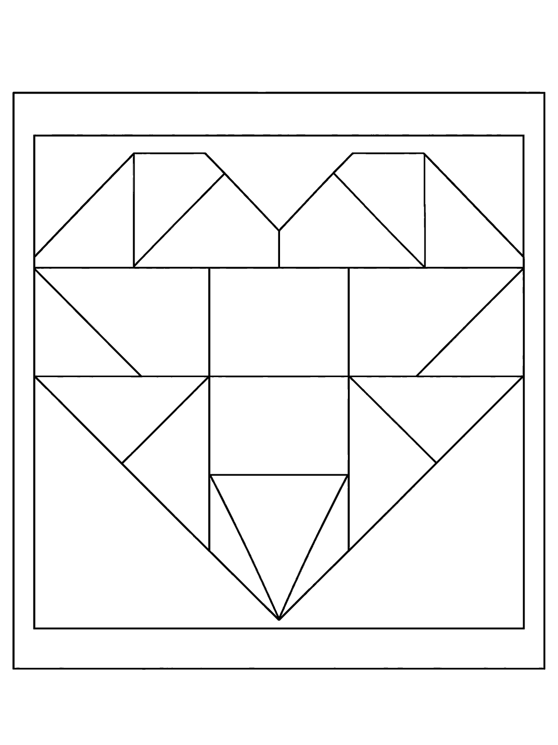 Printable geometric heart-shaped quilt block with open sections and a plain border.
