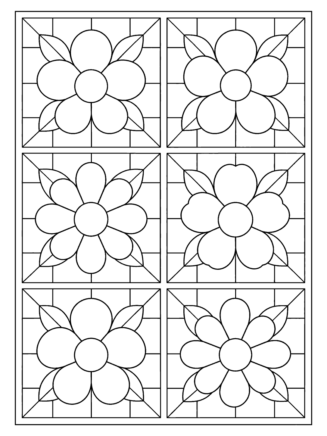 Black-outline coloring page with six large rounded-petal flowers arranged in two columns and three rows of quilt blocks, with clear seams and white margins.