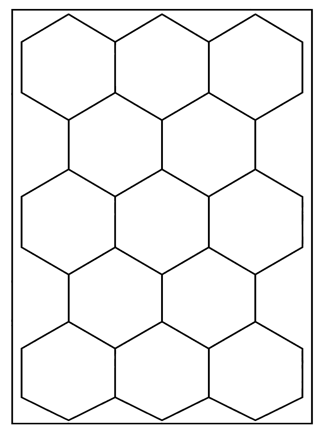 Printable honeycomb quilt pattern with large hexagonal patches inside a rectangular border.