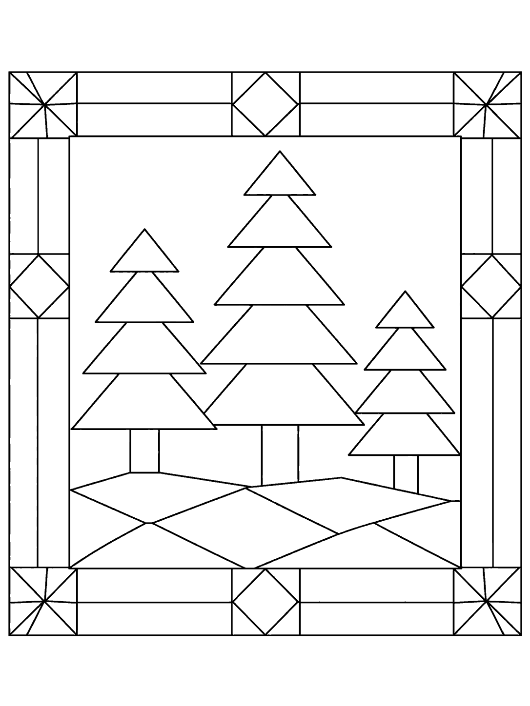 A quilt block with three tiered geometric pine trees and a decorative seam border.