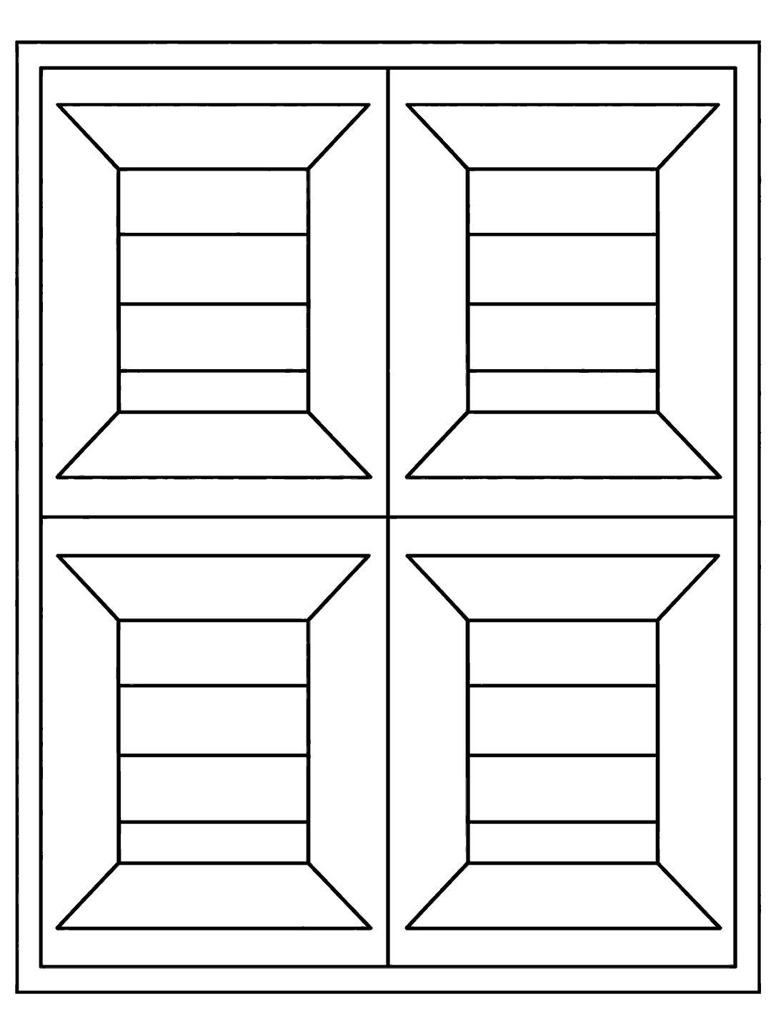 Printable black-outline quilt with four large banded spool blocks, clear seams, and a plain border.
