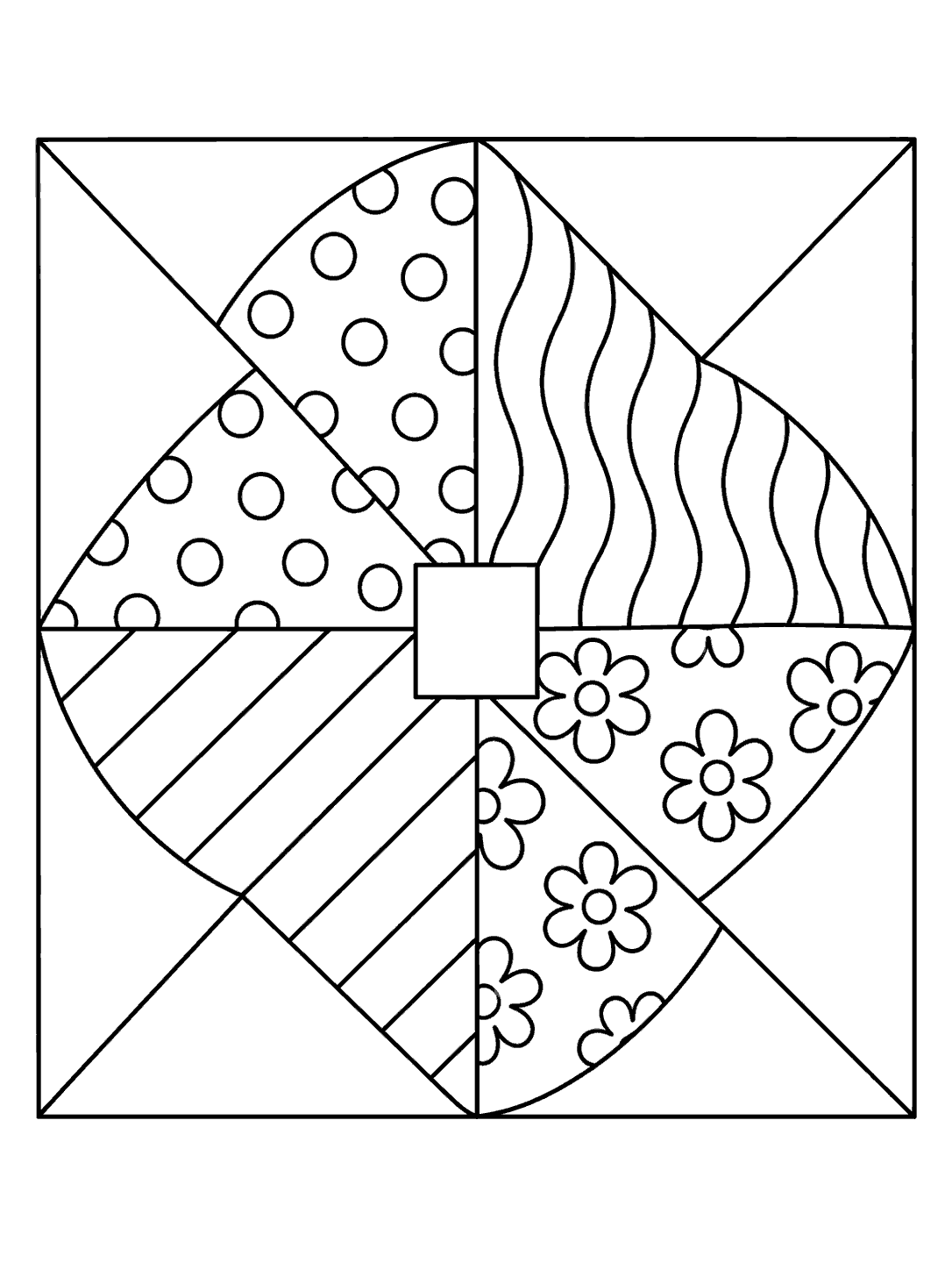 Printable windmill pinwheel quilt block with broad fabric panels