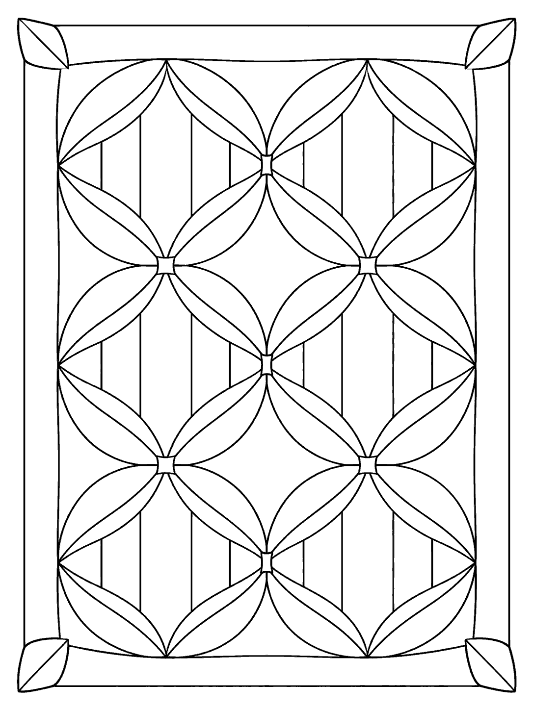 Printable cathedral window quilt block with rounded fabric arches arranged in a grid