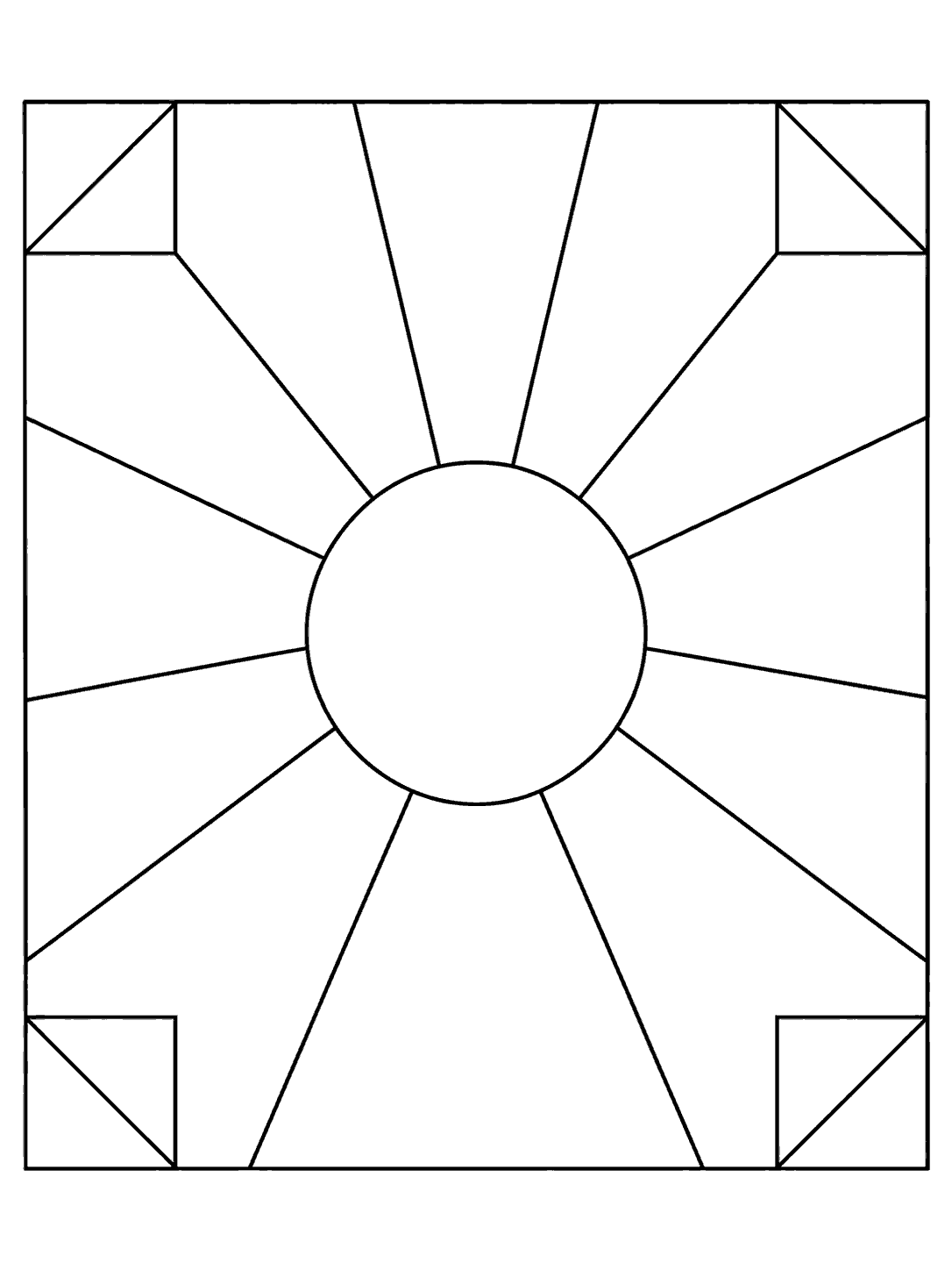Printable sunburst quilt block with a plain center circle, broad radial fabric segments, and corner patches.