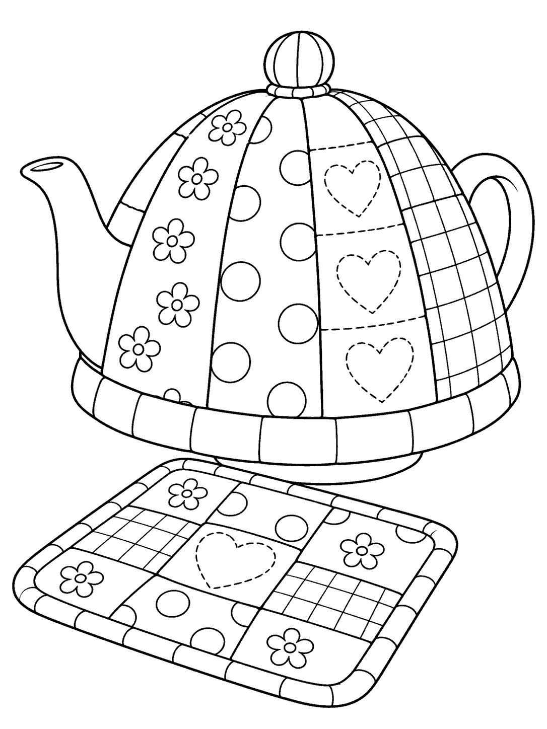 Printable quilting-themed tea cozy and patchwork mat still life