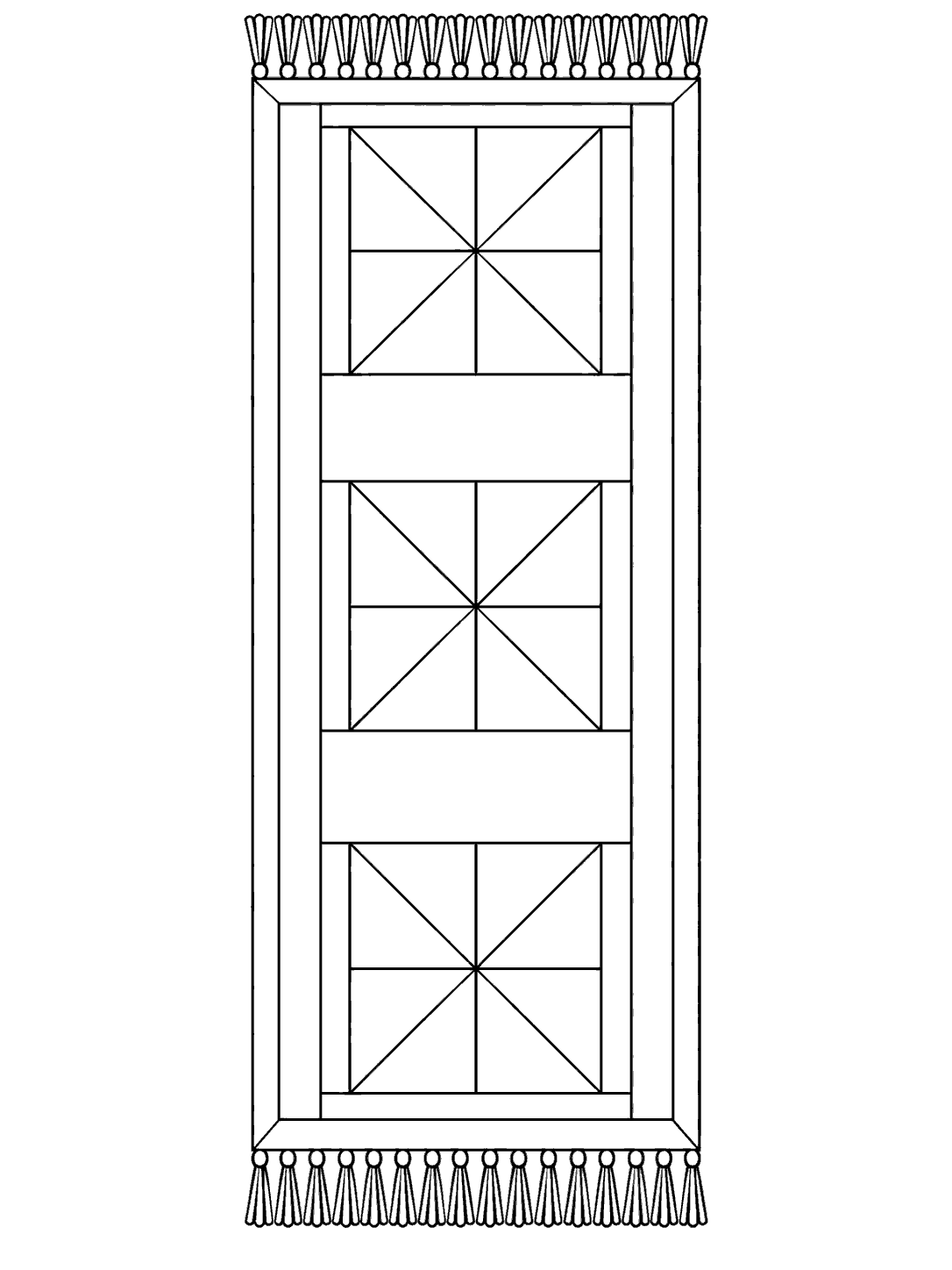 Printable black-outline table runner with three four-blade pinwheel blocks, plain connecting sections, a border, and end fringe.