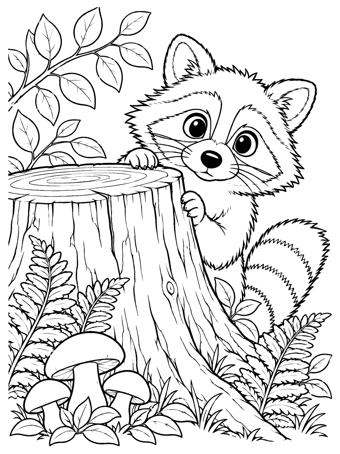 Black-outline coloring page of a curious raccoon peeking around a broad tree stump amid ferns, mushrooms, and leafy branches.