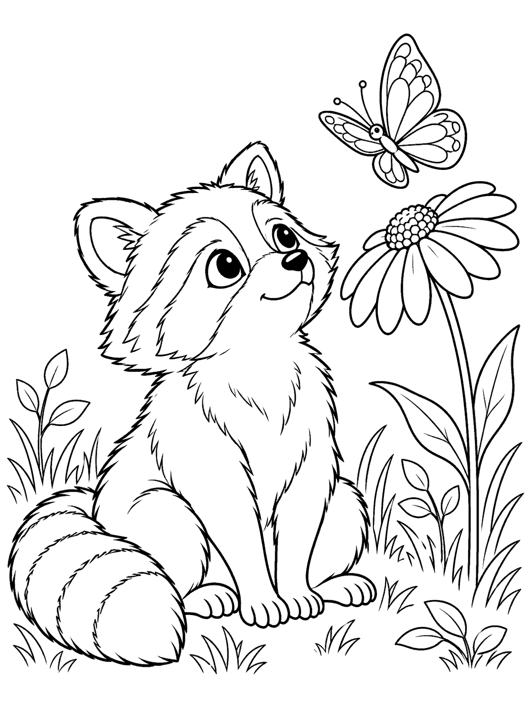Seated raccoon looking up at a butterfly hovering above a large flower in a meadow