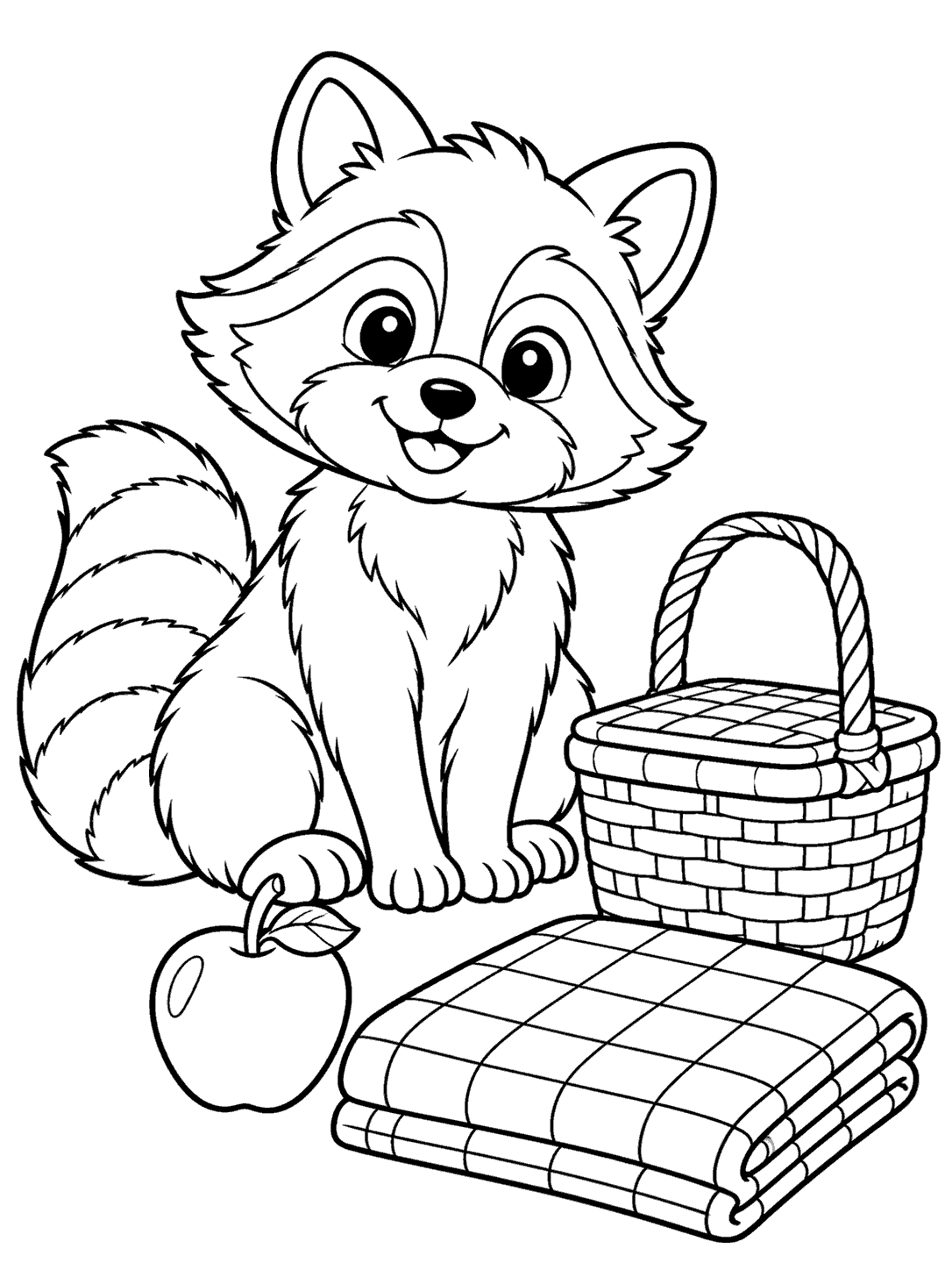 Friendly seated raccoon beside a woven basket, apple, and folded checkered blanket