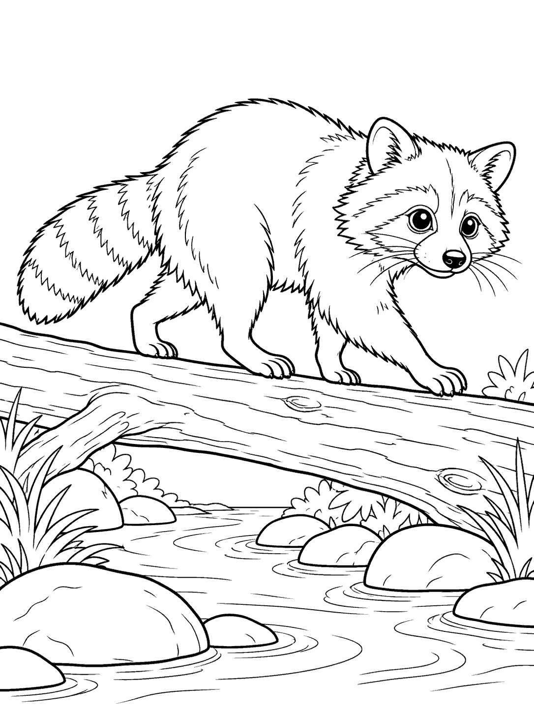 A raccoon walking across a fallen log above a stream with stones and ripples