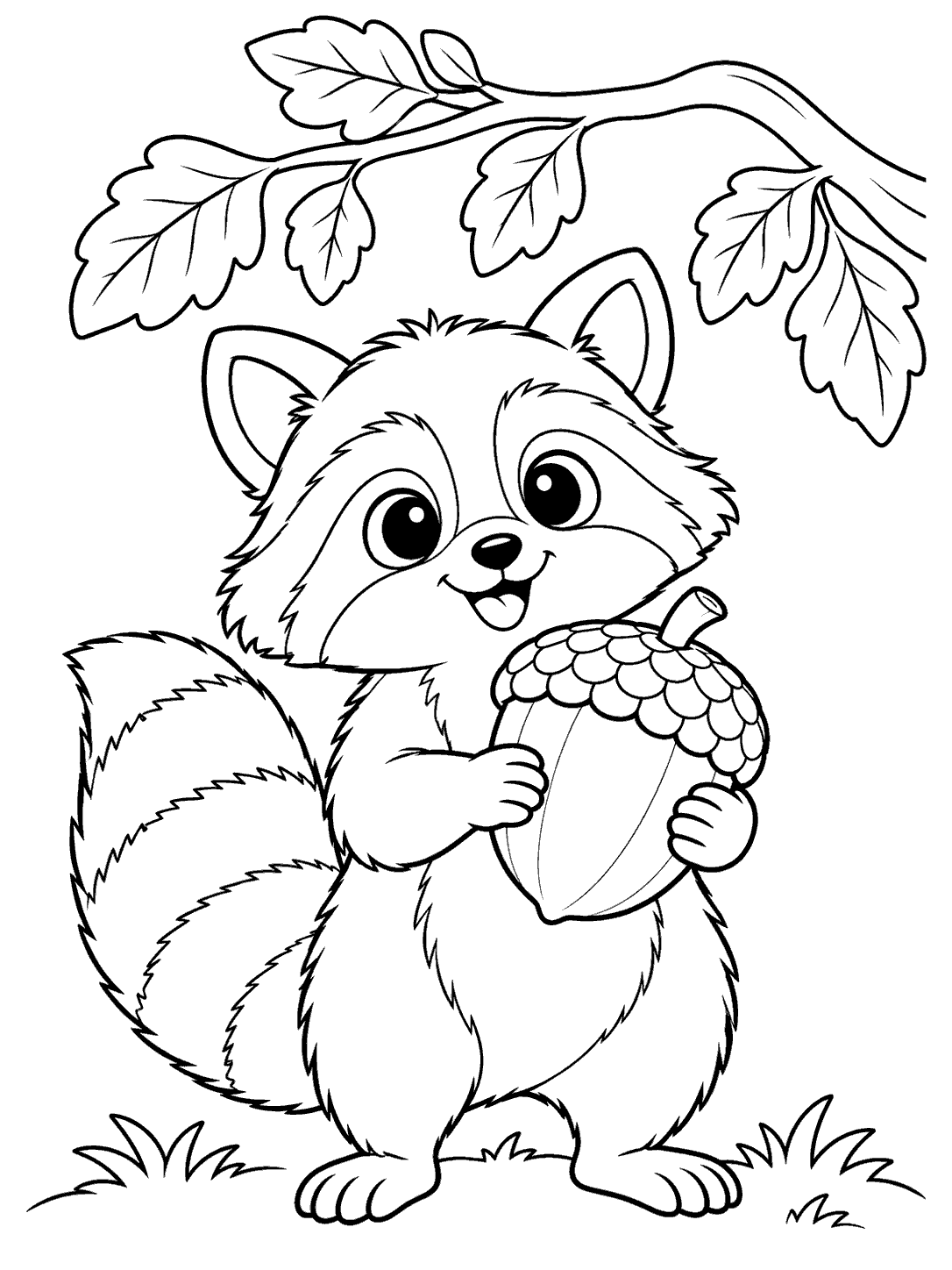 Smiling raccoon holding an oversized acorn with both paws under a leafy branch, in black line art.