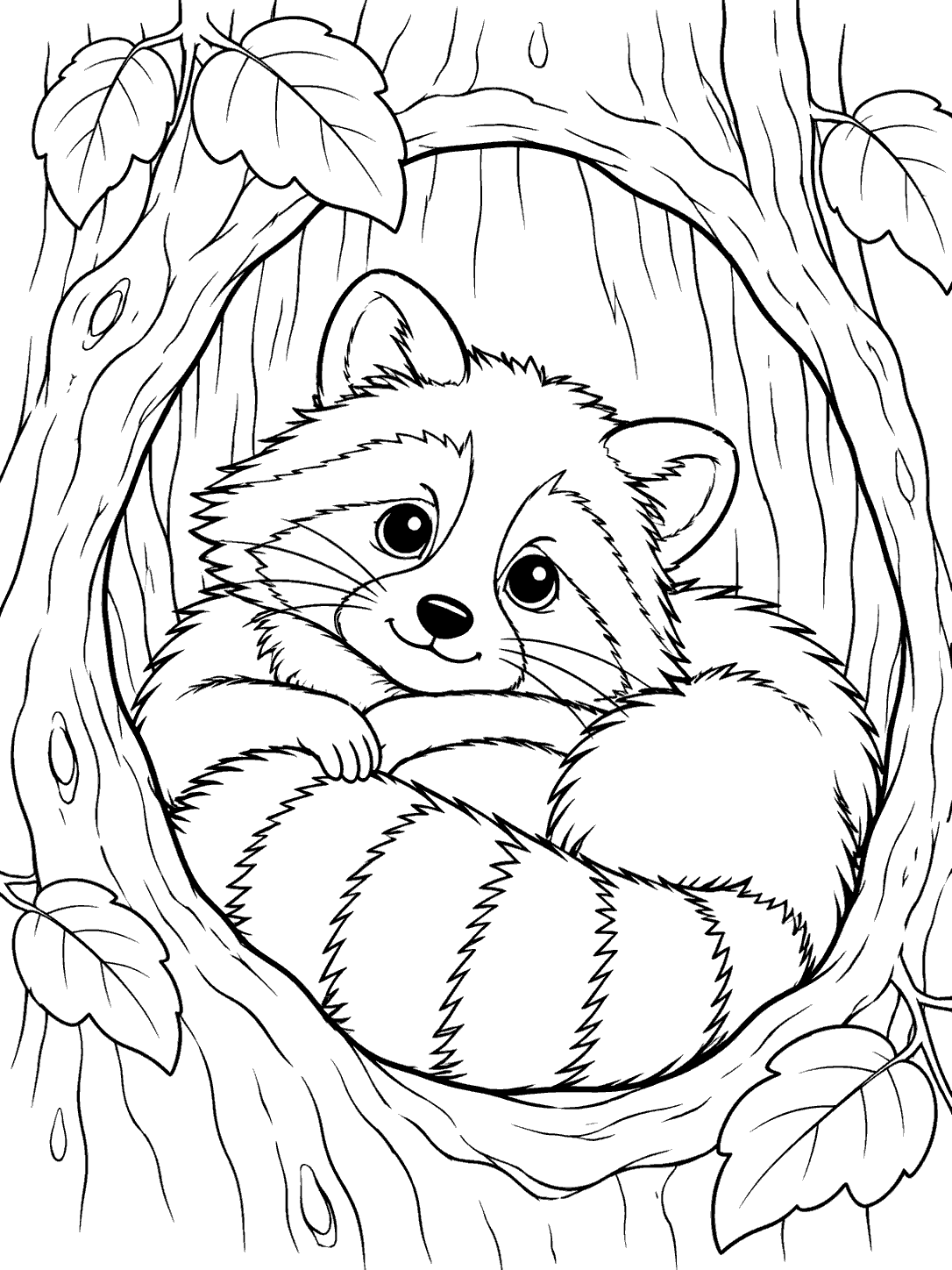 A curled raccoon resting in a large tree hollow surrounded by leaves and simple bark lines.