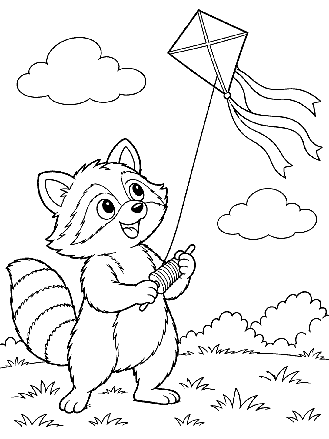 A smiling standing raccoon holds a kite spool beneath a diamond kite with ribbon tails, two clouds, and a grassy field.