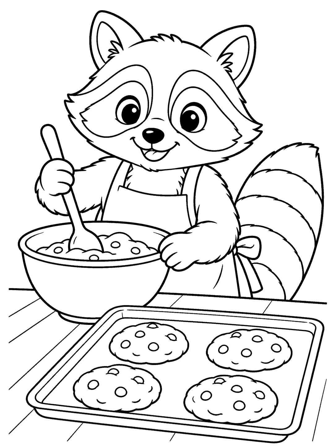 Smiling raccoon in an apron at a kitchen table with a mixing bowl and a tray of four cookies