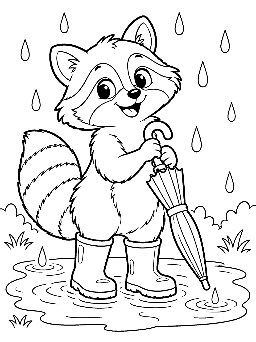 Cheerful raccoon in tall rain boots holding a closed umbrella beside a puddle, with raindrops and ripples.