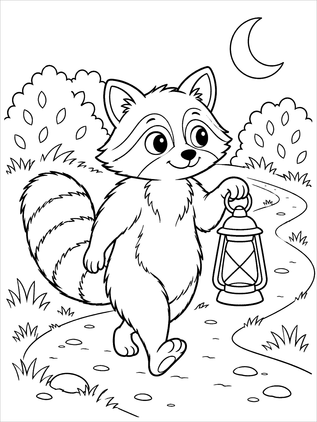 A smiling raccoon carrying an unfilled lantern along a winding path, with two leafy bushes and a crescent moon.