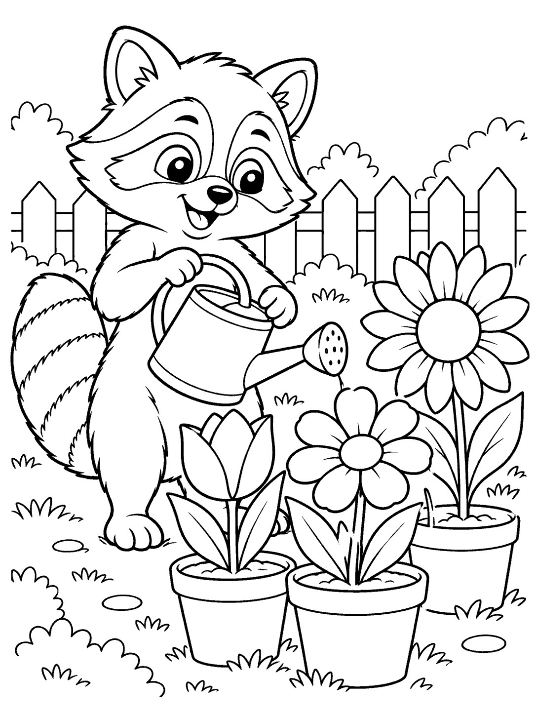 A raccoon holding a watering can beside three potted flowers, with a garden fence behind it.