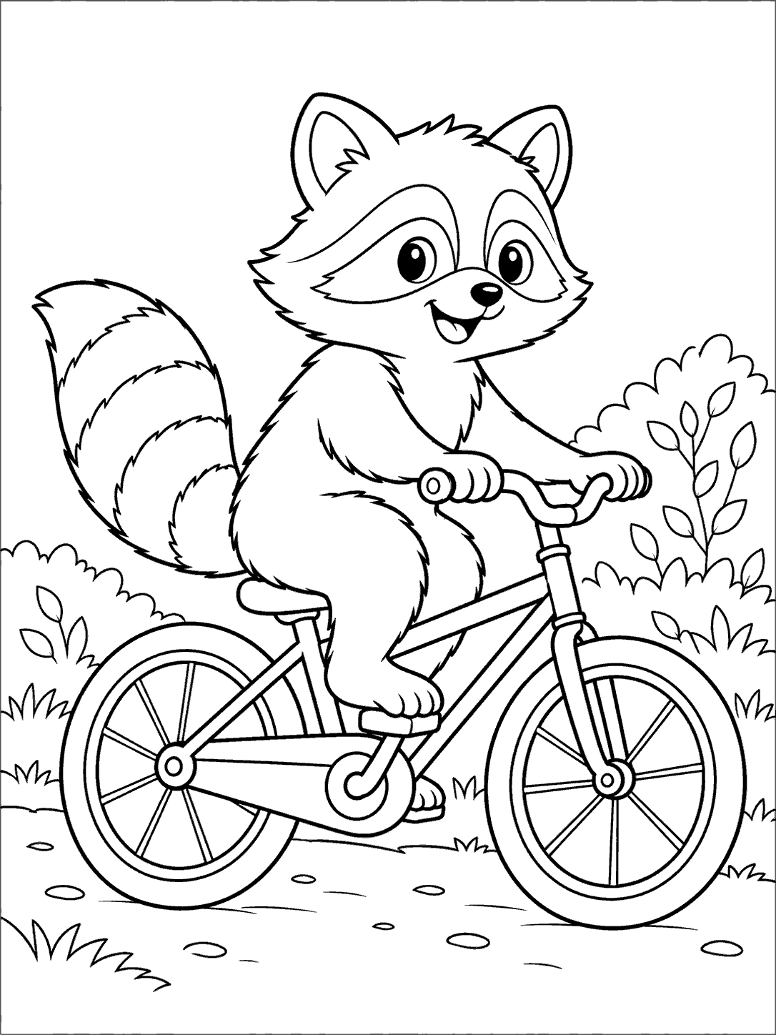Smiling raccoon riding a bicycle along a path, with shrubs and grass in the background