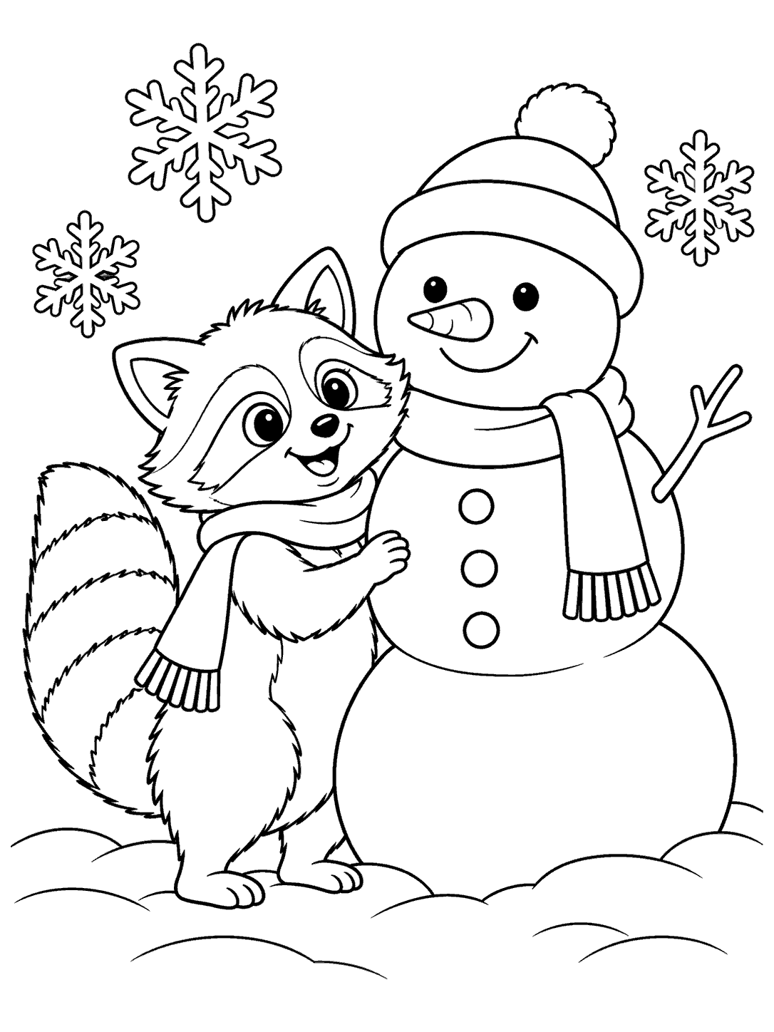 A scarf-wearing raccoon standing beside a three-ball snowman with a hat, surrounded by snowflakes and snowbanks.