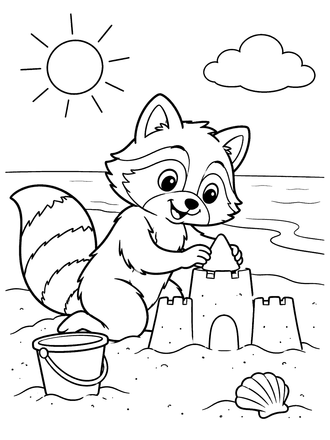 A cheerful raccoon kneeling by a sandcastle, with a pail, seashell, shoreline, sun, and cloud.