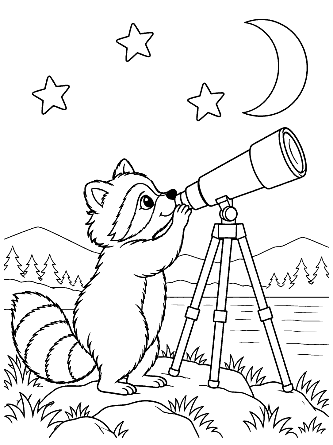 Line art of a raccoon looking through a tripod telescope beneath three stars and a crescent moon, with hills, trees, and grass around it.