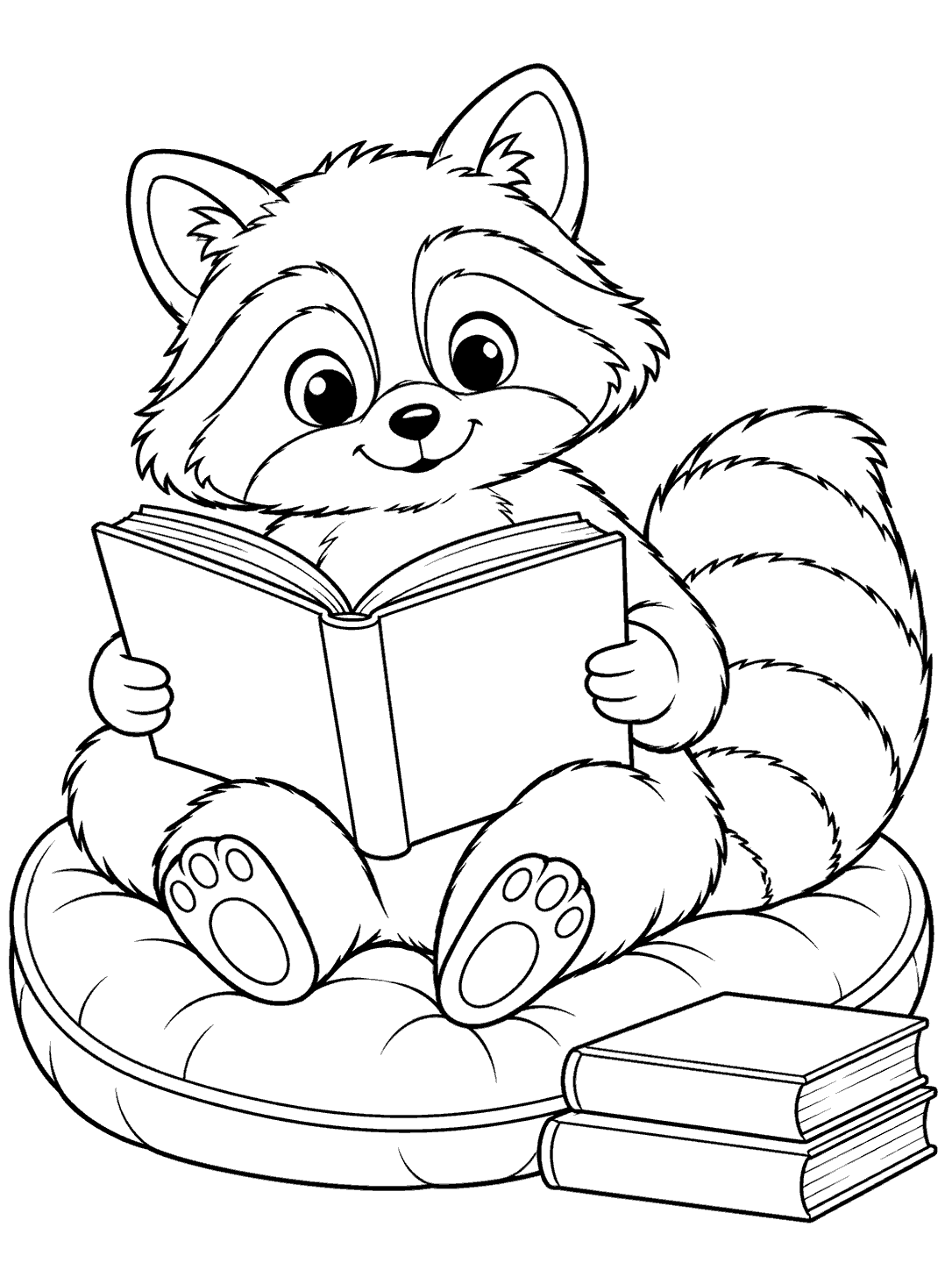 A seated raccoon holding an open blank book on a cushioned seat, with two closed books stacked beside it.