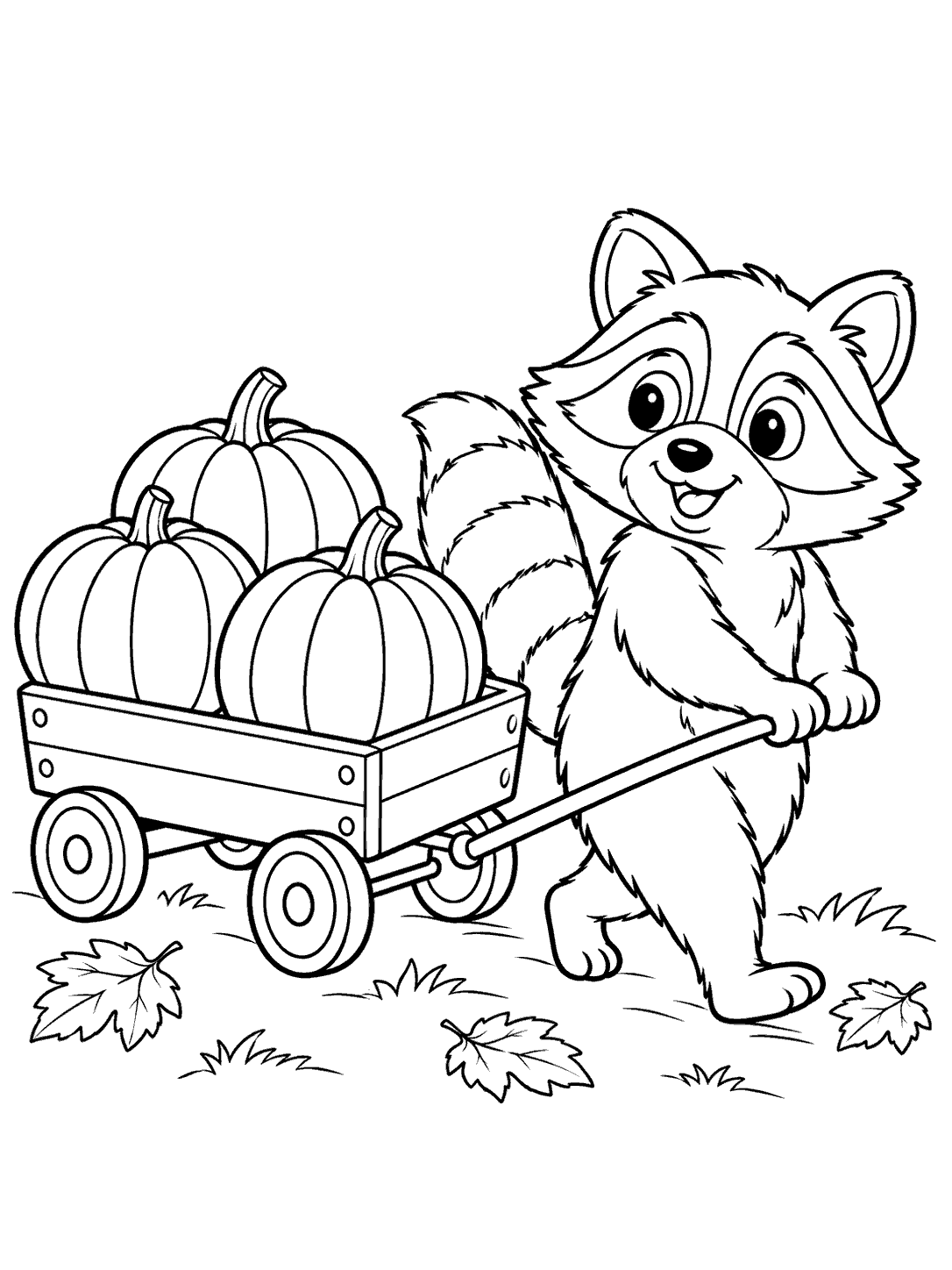 A smiling raccoon pulling a four-wheeled wagon with three pumpkins and scattered leaves.