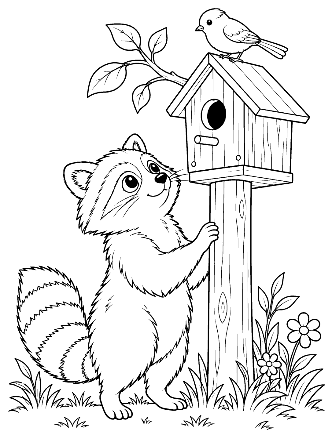 A raccoon standing beside a wooden post and looking up at a birdhouse, with a perched bird and leafy branch above.