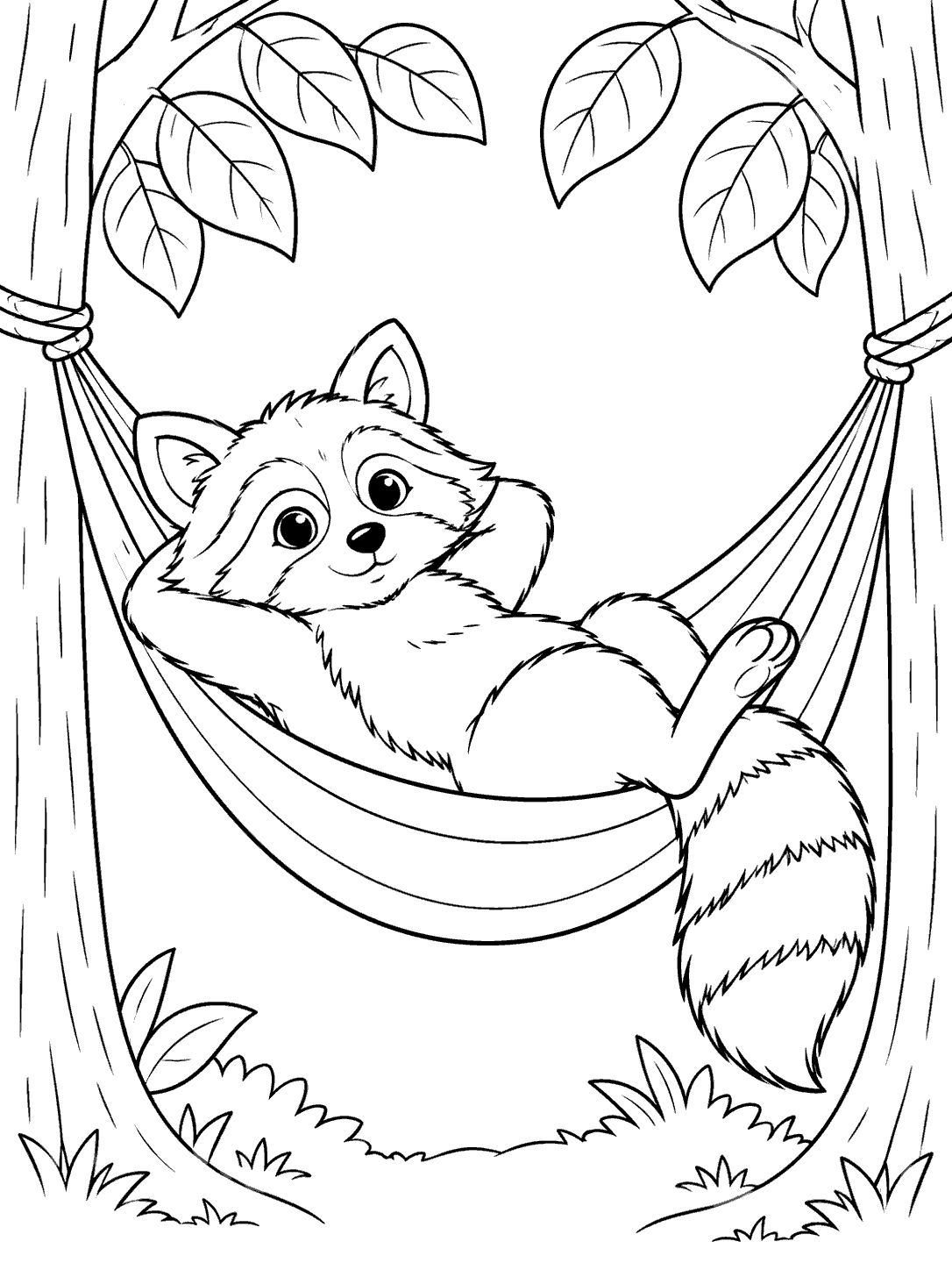 Relaxed raccoon resting in a hammock between trees, framed by leaves and small plants.