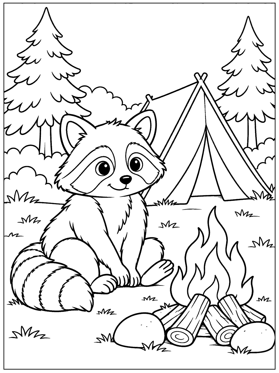A seated raccoon beside an outlined campfire, with a tent, trees, and two rounded stones nearby.